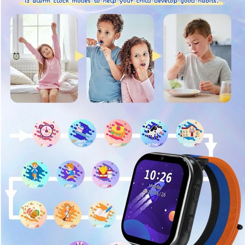 Kids 4G Smartwatch with SIM Slot - Black/Blue/Orange Bands